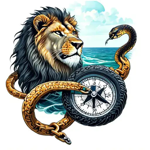 Snake and lion with a motorcycle chain compass and sea tattoo design idea