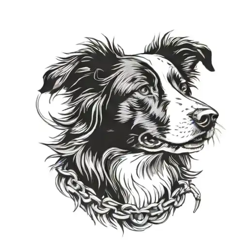 border collie, aggresive with mouth open, chain collar tattoo design idea