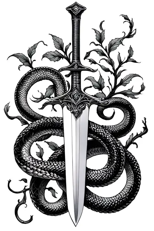 A delicate sword with a snake and vines wrapped around it  tattoo design idea