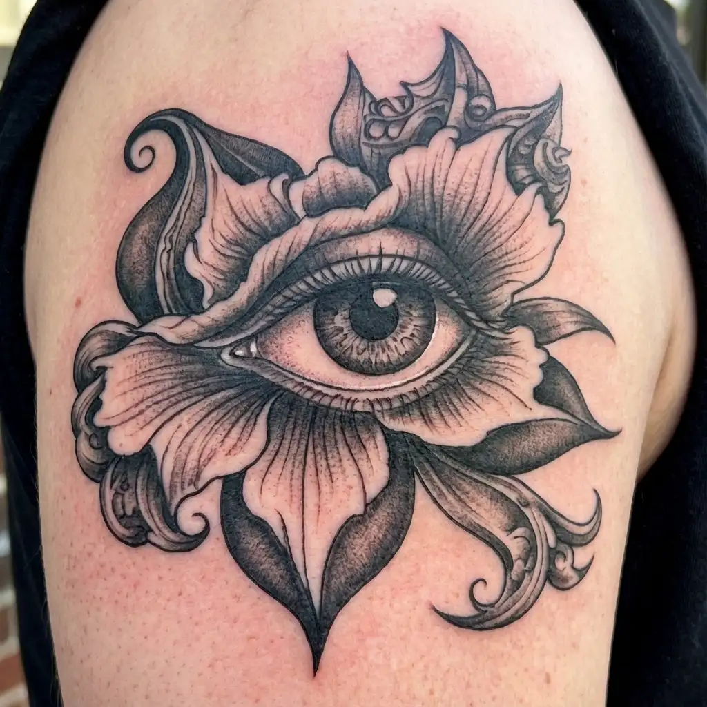 iris flower in the middle on Egyptian eye symbol integrated tattoo design idea
