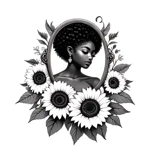 Oshun with mirror and sunflowers tattoo design idea