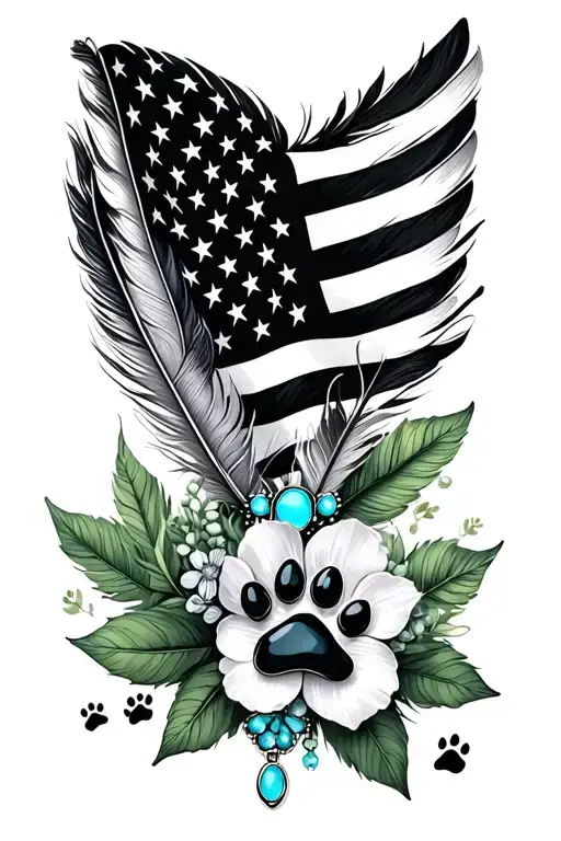 feathers, american flag, green leaves, one brooch turquoise jewelry, flowers, dog paw prints tattoo design idea