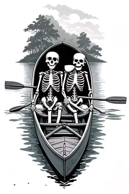 two skeletons paddling a canoe tattoo design idea