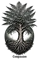 bonsaitreewithintricateexposedroots. word compassion at the bottom. sacred geometry for healing. bees. ferns, pomegranet tattoo design idea