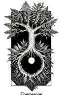 bonsaitreewithintricateexposedroots. word compassion at the bottom. sacred geometry for healing. bees. ferns, pomegranet tattoo design idea