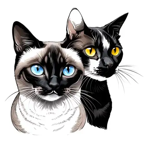 tattoo of two cats, one chubby, with blue eyes, Siamese, the other black and white, yellow eyes, but only lines tattoo design idea