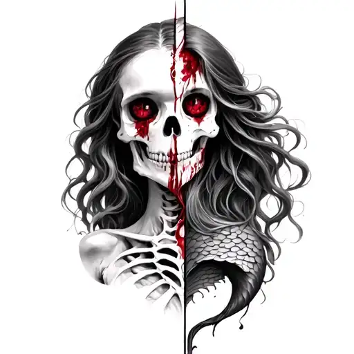 realistic half skeleton half mermaid with bloody eyes tattoo design idea