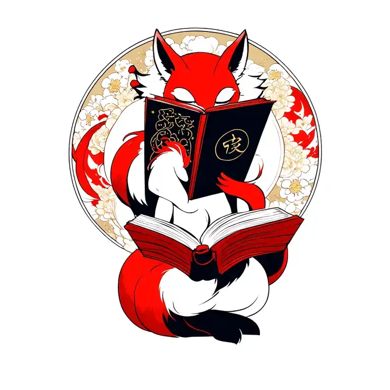 nine tailed fox reading a book surrounded tattoo design idea