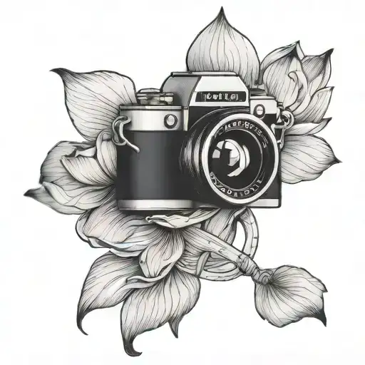 lotus flower, camera, gray cancer ribbon tattoo design idea