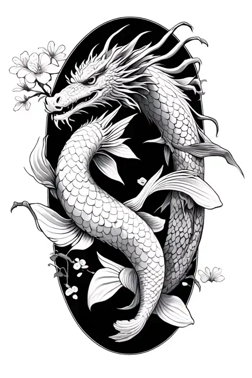ninja, dragon, koi fish and cherry blossoms tattoo design idea