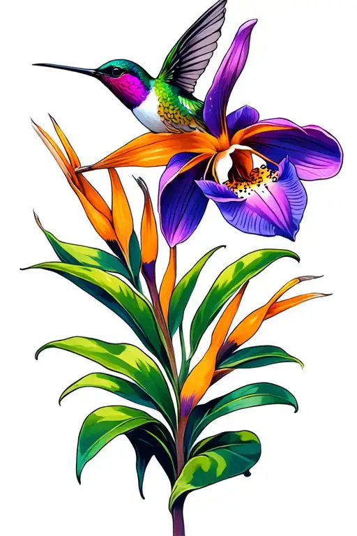 bird of paradise, hummingbird, pink lady's slipper orchid, purple pitcher plant flower tattoo design idea