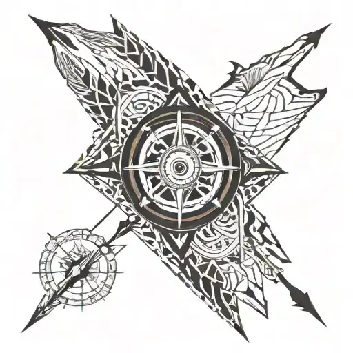 arrow through middle, half wolf, half compass tattoo design idea