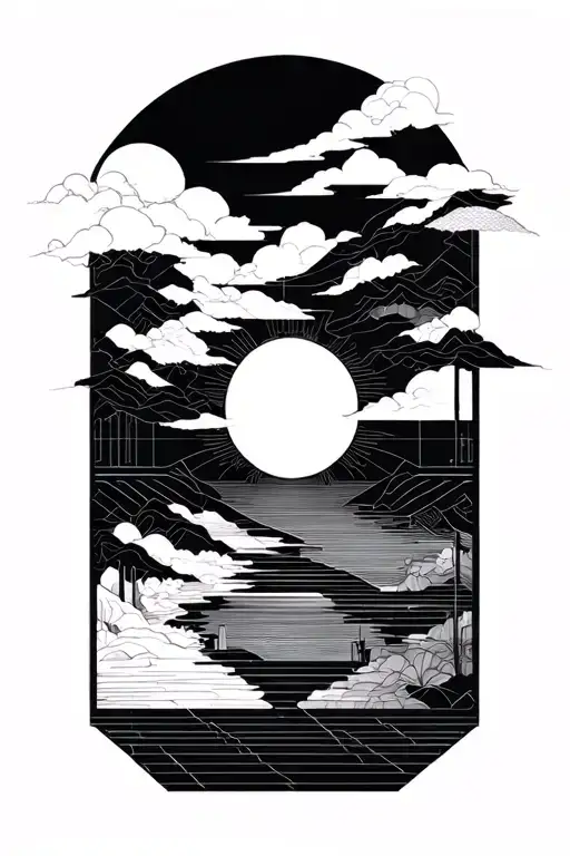 japanese sunrise background tattoo design idea