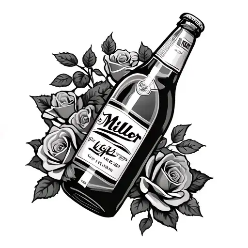 Tattoo upper arm going to chest , tattoo has miller light bottle with pack of cigarettes leaned on it with roses growing tattoo design idea
