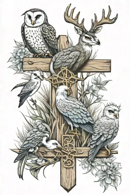 big simple cross with deer in top left corner, sea turtle top right, blue heron bottom left, barn owl bottom right. tattoo design idea
