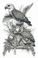 big simple cross with deer in top left corner, sea turtle top right, blue heron bottom left, barn owl bottom right. tattoo design idea