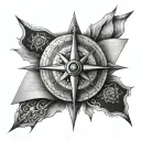 A detailed compass rose intertwined with open books, symbolizing navigation and exploration through literature tattoo design idea