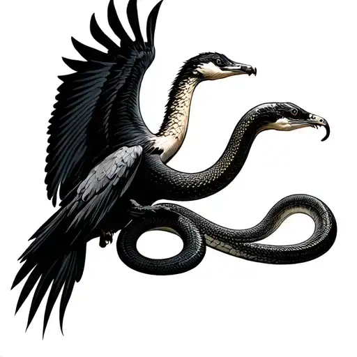 Crane bird flying carrying a king cobra tattoo design idea