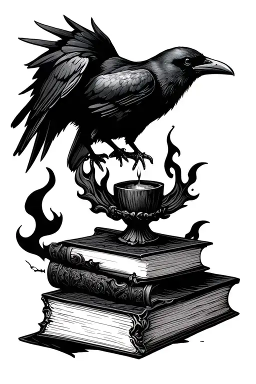 raven on top of spellbooks with a hocus pocus black flame candle tattoo design idea