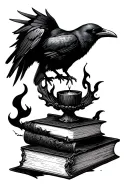 raven on top of spellbooks with a hocus pocus black flame candle tattoo design idea
