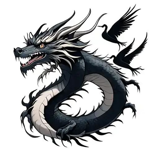 dragon with cranes tattoo design idea