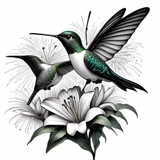hummingbird with butterfly wings with lily flowers and fireworks  tattoo design idea