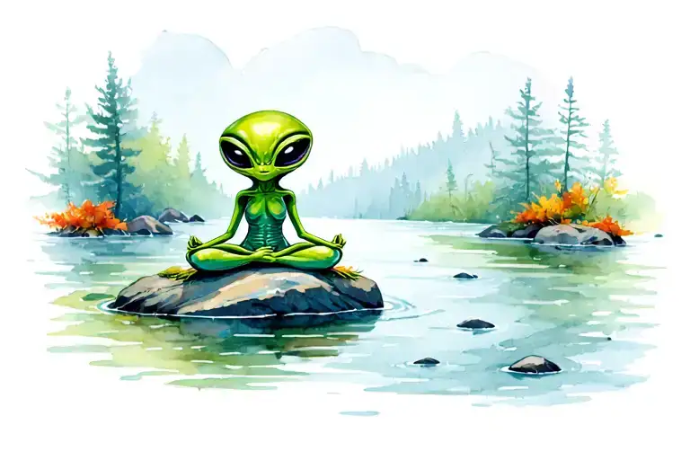 Cute little green alien meditating on a rock in the shallow part of a river during autumn tattoo design idea