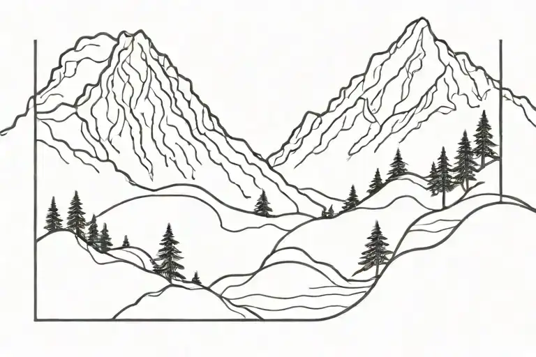mountain range silhouette of 3 peaks with water at base and a few small trees. Accent line work that is swirly tattoo design idea