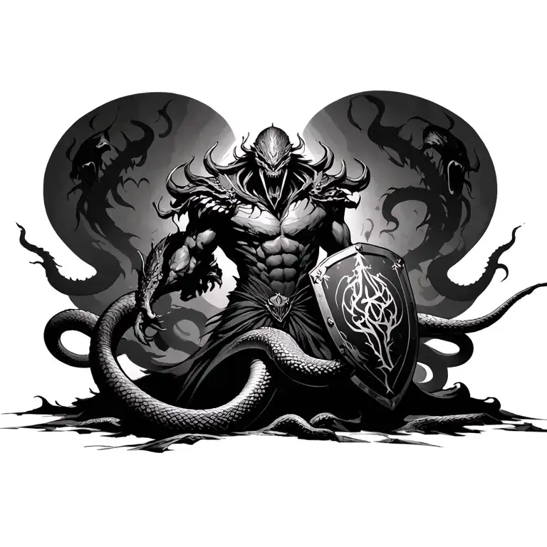 Hydra heads slithering behind Ares as he charges into chaos, shield glowing with blood sigils tattoo design idea