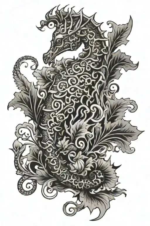 victorian florid seaweed with seahorse gracefully swimming  tattoo design idea