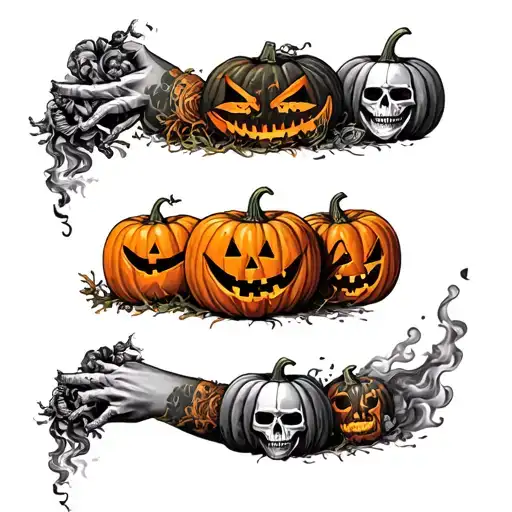 Halloween style sleeve with Japanese style smoke, pumpkin's, scarecrow, wu tang logo, skeletons, mf doom tattoo design idea