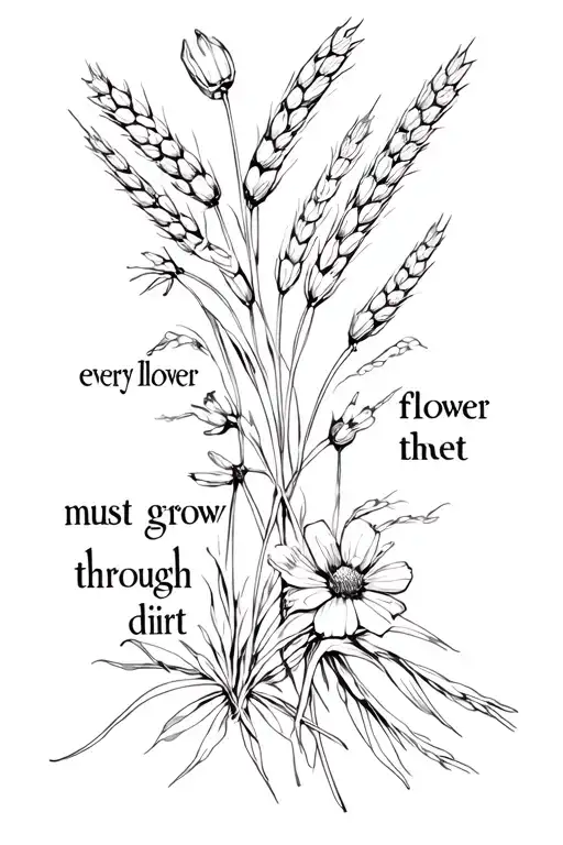 Western/country spine tattoo, feminine,  wildflowers and wheat, include the text ‘every flower must grow through dirt' tattoo design idea