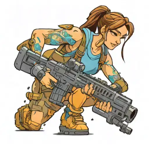 I want a thick gamer girl that has brown hazel hair with blue and grey eyes that plays Fortnite . With the name bambam g tattoo design idea