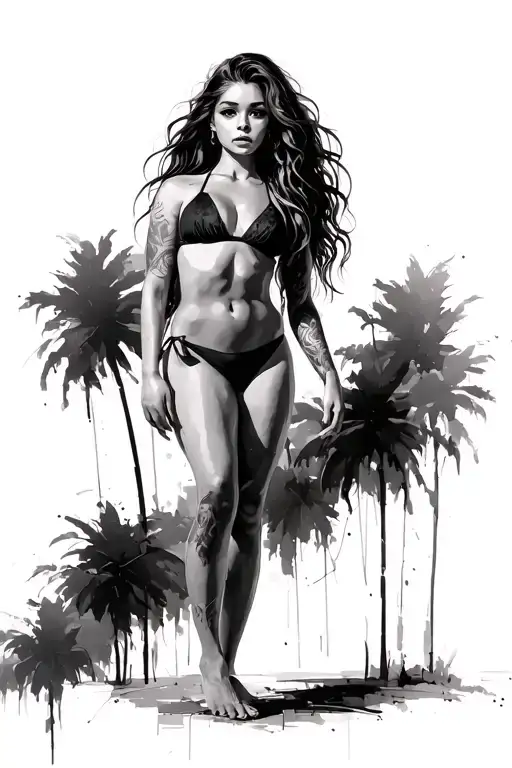 Sexy girl, petite, big boobs, wide hips, bikini . long hair,sexual. Seductive. Full Body, standing with legs and feet tattoo design idea