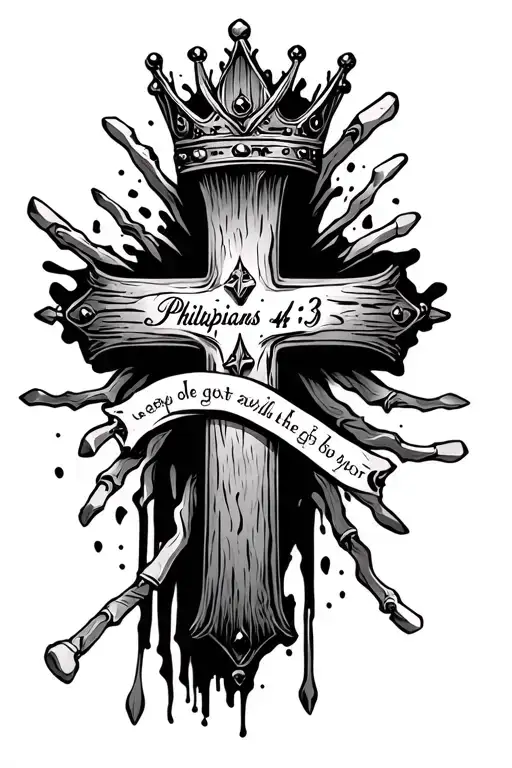 Cross with nails and crown with the Bible verses Philippians 4:13 tattoo design idea