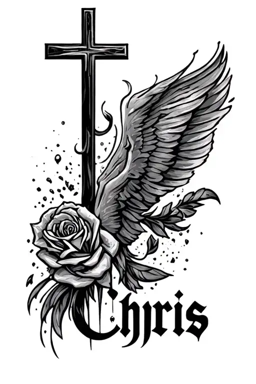 the name chris going down with a simple cross to the left of it tattoo design idea