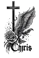 the name chris going down with a simple cross to the left of it tattoo design idea