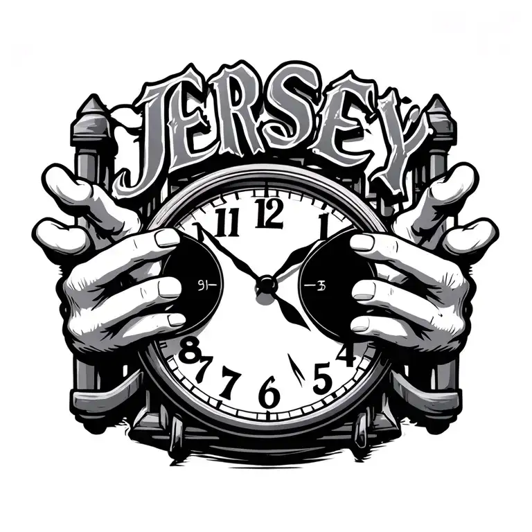 hands holding prison bars, a clock face with no hands in the background, the word Jersey on top of it in a cool font  tattoo design idea