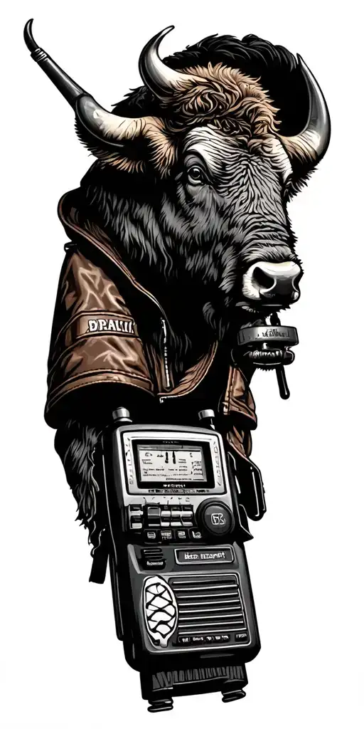 Leather tooling full sleave with old cb radio, lifejacket, buffalo, mixed in tattoo design idea
