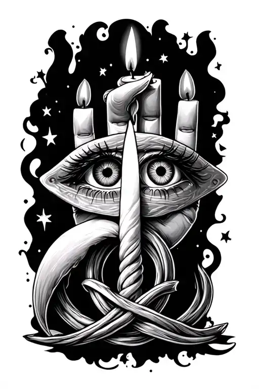 witches knot on hand. candle, eyes and triple moon on forearm tattoo design idea