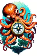 angry kracken octopus in ocean with nautical compass in middle with tentacles out wide with waves tattoo design idea