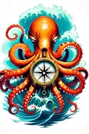 angry kracken octopus in ocean with nautical compass in middle with tentacles out wide with waves tattoo design idea