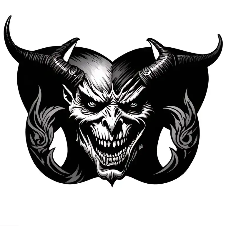 Chest tattoo in Chicano / Los Angeles gang style, showing duality: on the left, a dark demon with a tortured face, horns tattoo design idea