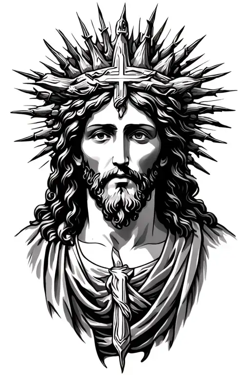 Jesus, mountain Golghata, cross, thorn crown on Jesus head, gaps should be filled like sun rays tattoo design idea