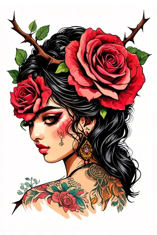 latina girl with roses and thorns tattoo design idea