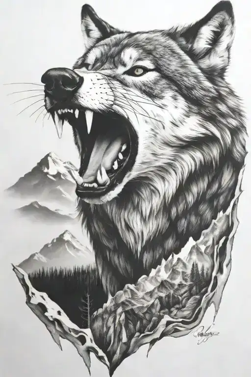 growling wolf face and realistic rocky mountains inside tattoo design idea