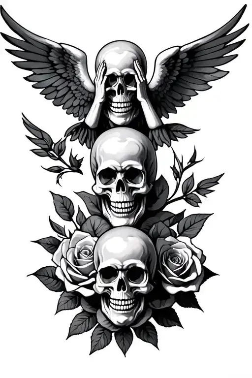 hear no evil see no evil speak no evil angels flying dark skulls angles roses tattoo design idea
