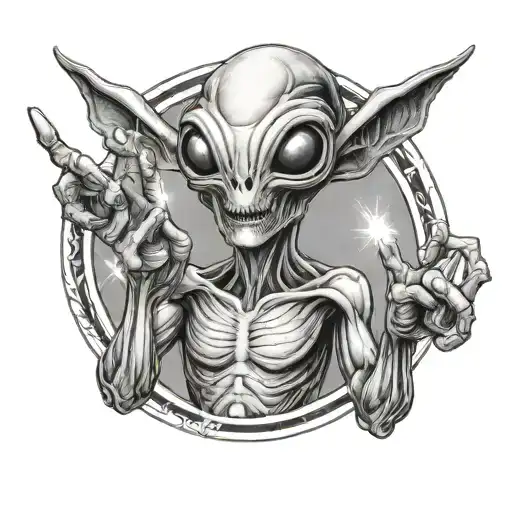alien giving peace sign tattoo design idea