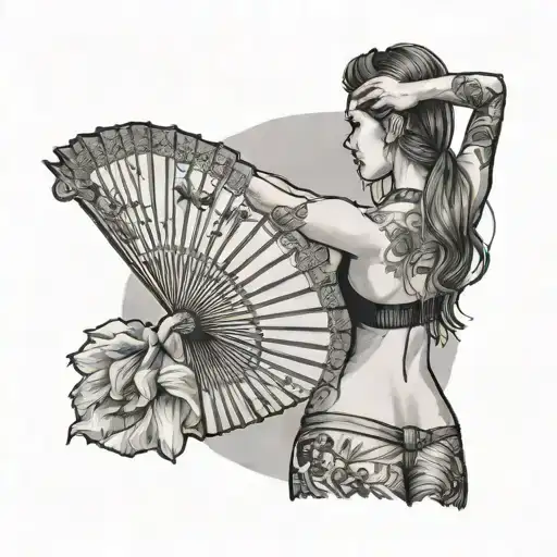 girl standing full height facing camera, hides part of her body with a hand fan tattoo design idea