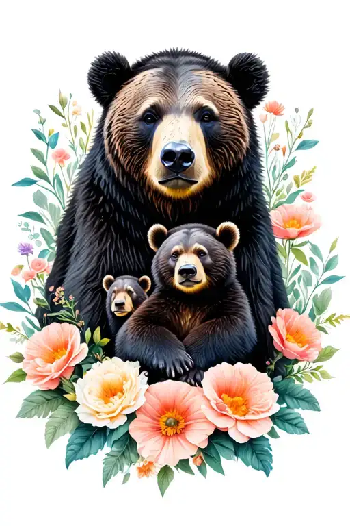 mama bear and 2 cubs surrounded by flowers intertwined tattoo design idea